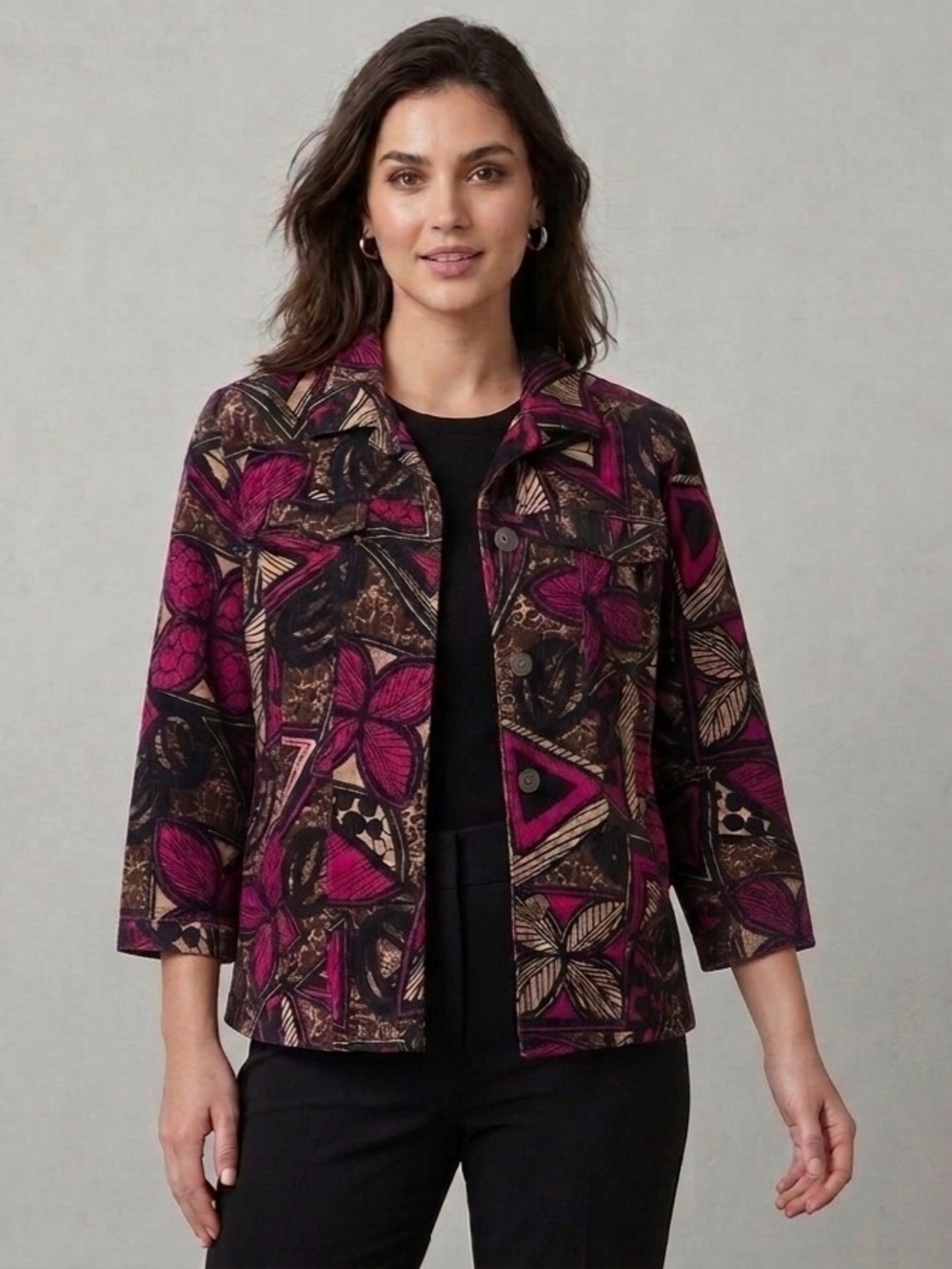 Vintage Chicos Jacket 3 Whimsigoth Boho ArtDeco Magenta Geometric Corduroy Retro